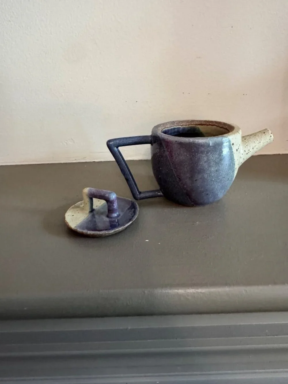 Handcrafted Ceramic Mini Teapot Earthy Blue Beige Unique Triangular Handle Potte